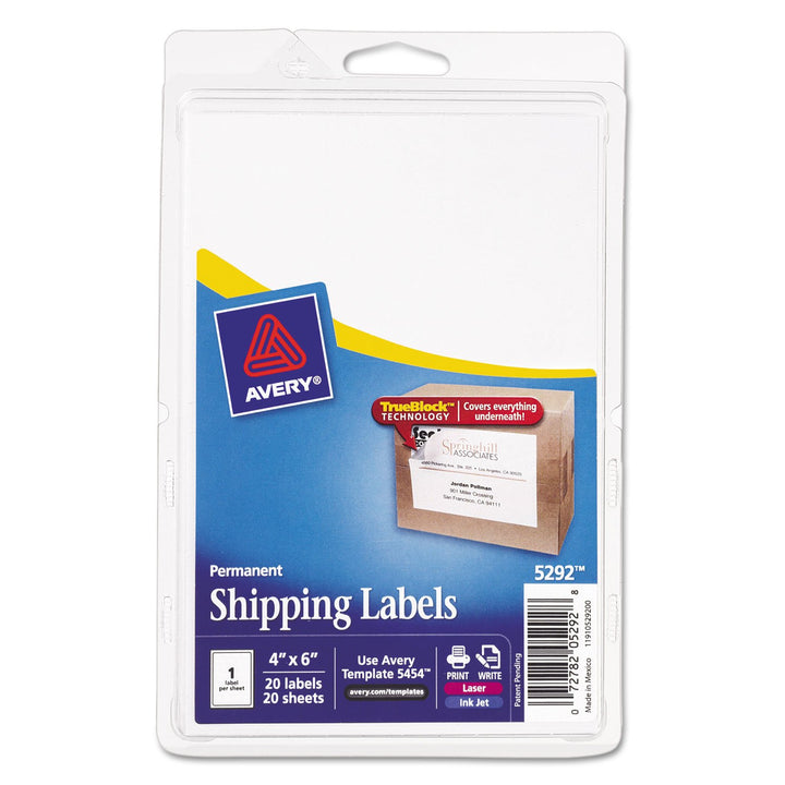 Avery Printable Shipping Labels, 4" x 6", White, 20 Blank Address Labels (05292) 1 Count (Pack of 1)