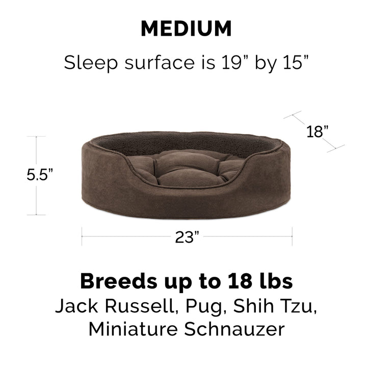 Furhaven Dog Bed for Medium/Small Dogs w/ Removable Washable Cover & Reversible Pillow Cushion Insert, For Dogs Up to 18 lbs - Terry & Suede Oval Lounger - Espresso, Medium