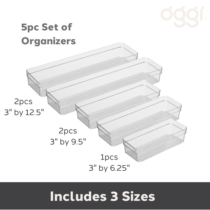 Oggi Set of 5 Clear Drawer Organizers - (1) 3x6.25, (2) 3x9.5, (2) 3x12.5 - Ideal for Organizing Kitchen Drawers, Office, Desk, Silverware, Kitchen Utensils, Cosmetics and Bathrooms