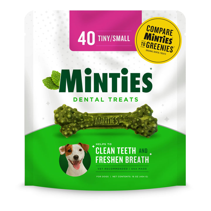 Minties Dental Chews for Dogs, 120 Count, Vet-Recommended Mint-Flavored Dental Treats for Tiny/Small Dogs 5-24 lbs, Dental Bones Clean Teeth, Fight Bad Breath, and Removes Plaque and Tartar Small Mint 48 Ounces