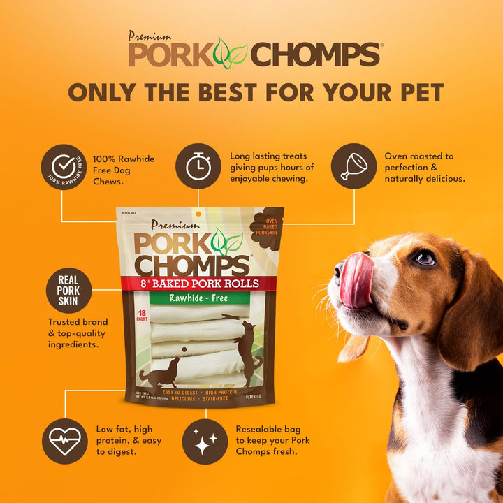 Pork Chomps Baked Pork Skin Dog Chews, 8-inch Rolls, 18 Count (Pack of 1) 18 Count (Pack of 1)