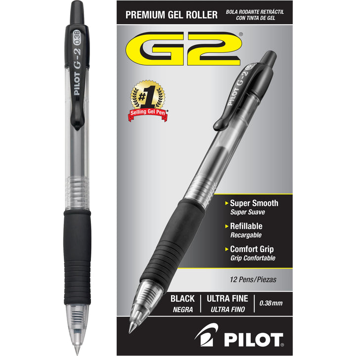 Pilot, G2 Premium Gel Roller Pens, Ultra Fine Point 0.38 MM, Pack of 12, Black Black Ink