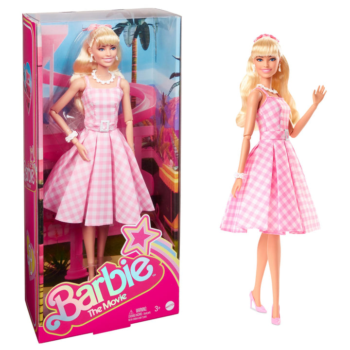 Barbie The Movie Doll, Margot Robbie as, Collectible Doll Wearing Pink & White Gingham Dress with Daisy Chain Necklace Multicolor