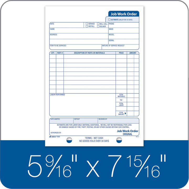 Adams Job Work Order Book, 3-Part Carbonless, White/Canary/White, 5-9/16 x 8-7/16 Inches, 33 Sets (T5868)