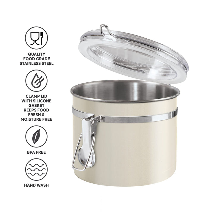 Oggi Stainless Steel Kitchen Canister 26 fl oz, Gray - Airtight Clamp Lid, Clear See-Thru Top - Ideal for Kitchen Storage, Food Storage, Pantry Storage. Size 5" x 3.5". Warm Gray 26-ounce Airtight Canister