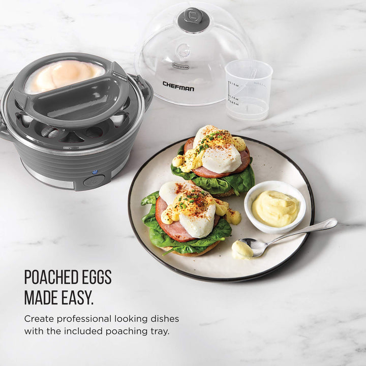 Chefman Electric Egg Cooker Boiler, Rapid Egg-Maker & Poacher, Food & Vegetable Steamer, Quickly Makes 6 Eggs, Hard, Medium or Soft Boiled, Poaching/Omelet Tray Included, Ready Signal, BPA-Free, Grey Gray