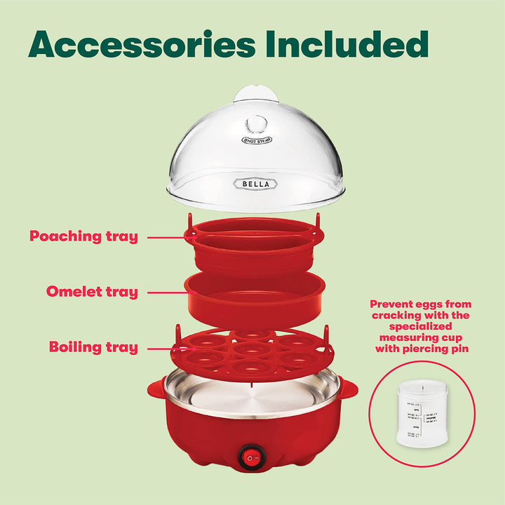 BELLA Rapid Electric Egg Cooker and Poacher with Auto Shut Off for Omelet, Soft, Medium and Hard Boiled Eggs - 7 Egg Capacity Tray, Single Stack, Red