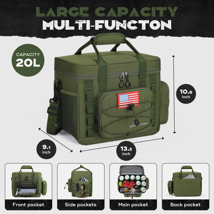 Maelstrom Large Tactical Lunch Box for Men,Insulated Lunch Bag, Leakproof Soft Cooler Bags with Detachable MOLLE Bag,Durable Lunch Tote for Adult Women Work,Picnic,30 Cans/20 L, Army Green 20L