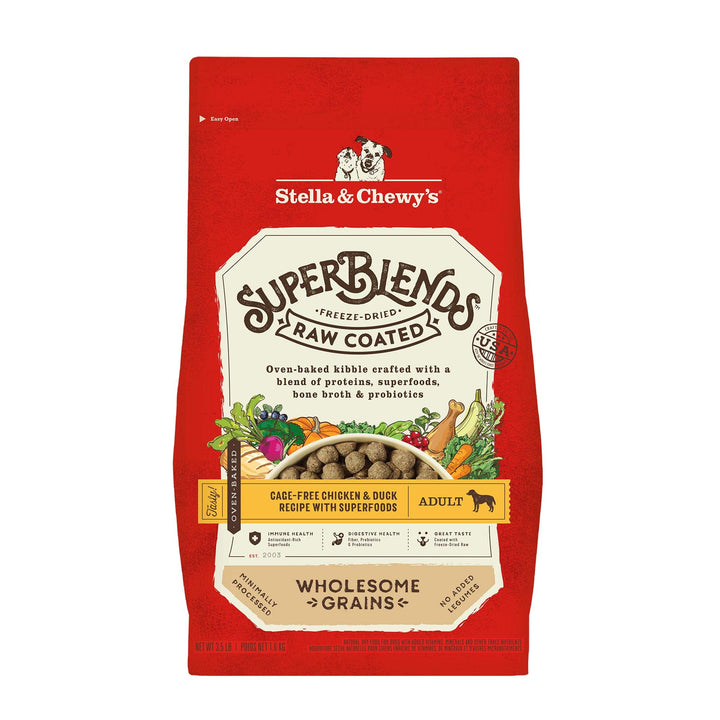 Stella & Chewy's SuperBlends Raw Coated Wholesome Grains Cage-Free Chicken & Duck Recipe with Superfoods, 3.5 lb. Bag 3.5 Pound (Pack of 1)