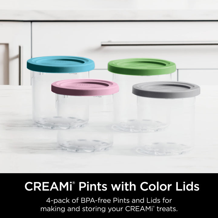 Ninja Creami Pints 4 Pack, Compatible with NC299AMZ & NC300s Series Creami Ice Cream Makers, Genuine Ninja Pint, BPA-Free & Dishwasher Safe, Color Lids, Clear/Grey/Lime/Pink/Aqua, XSKPLD4BCD