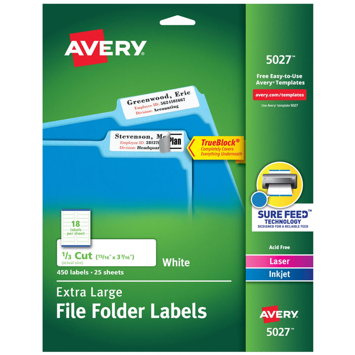 Avery TrueBlock Extra Large File Folder Labels, 15/16" x 3-7/16", 450 Printable Labels, White (5027) 1