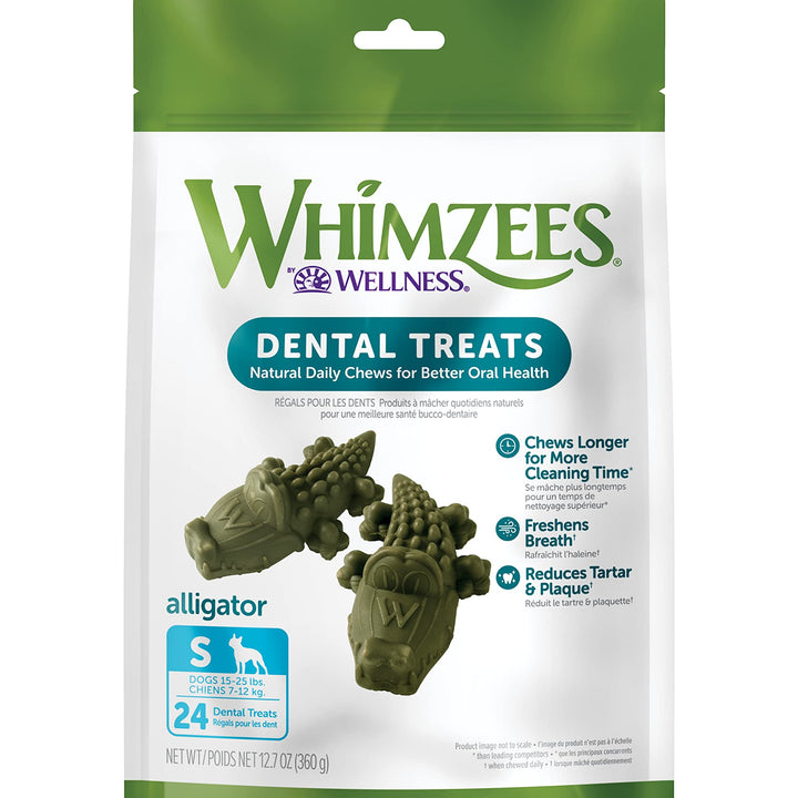 WHIMZEES by Wellness Alligator Natural Dental Chews for Dogs, Long Lasting Treats, Grain-Free, Freshens Breath, Small Breed, 24 count 24 Count (Pack of 1)