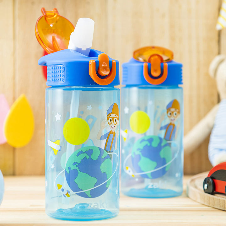 Zak Designs Blippi Kids Water Bottle with Spout Cover and Built-In Carrying Loop, Made of Durable Plastic, Leak-Proof Design for Travel (16 oz, Pack of 2) 2 Count (Pack of 1) Blippi 2pk