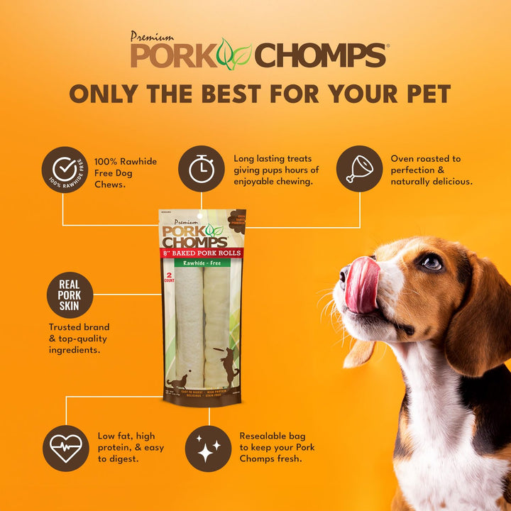 Pork Chomps Baked Pork Skin Dog Chews, 8-inch Rolls, 18 Count (Pack of 1) 18 Count (Pack of 1)