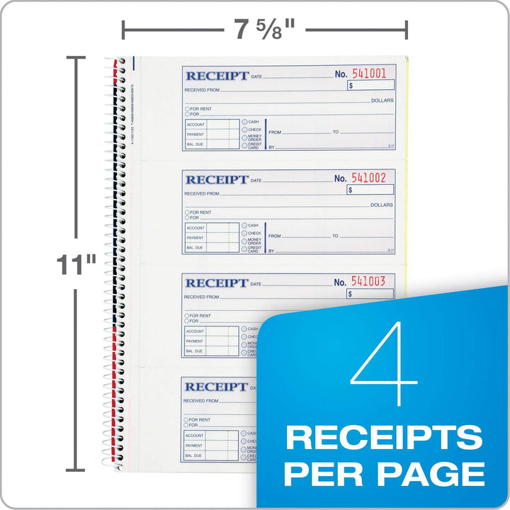 Adams Money and Rent Receipt Book, 2-Part Carbonless, 7-5/8" x 11", Spiral Bound, 200 Sets per Book, 4 Receipts per Page (SC1182), White/Canary