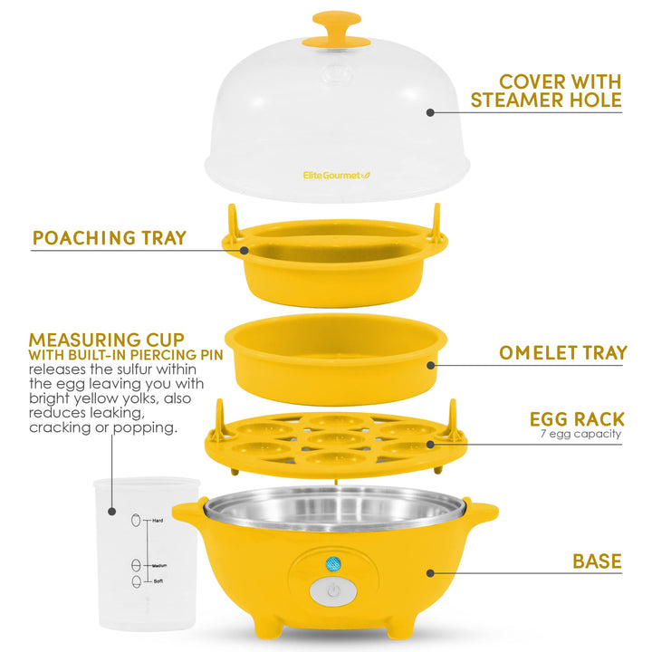 Elite Gourmet EGC-007Y# Rapid Egg Cooker, 7 Easy-To-Peel, Hard, Medium, Soft Boiled Eggs, Poacher, Omelet Maker, Auto Shut-Off, Alarm, 16-Recipe Booklet, Yellow 7 Egg