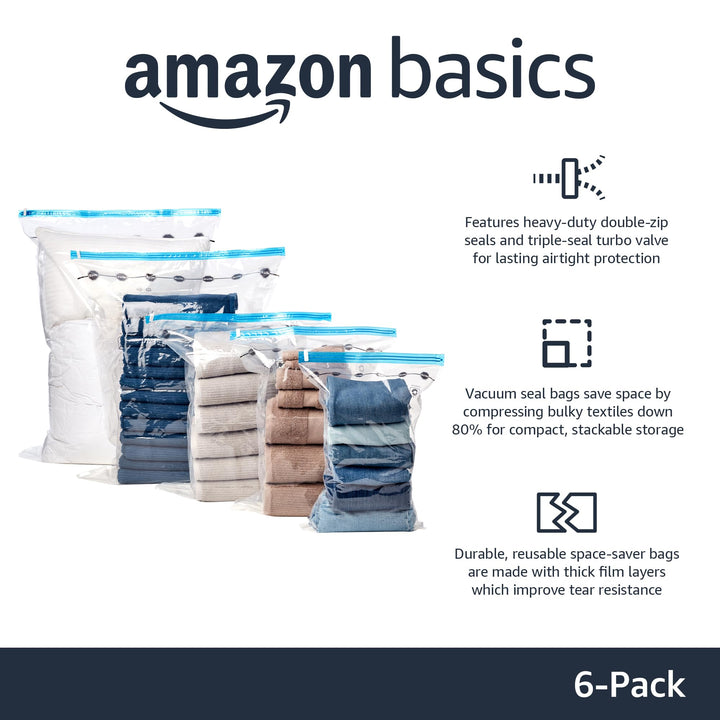 Basics Multiple Vacuum Compression Zipper Storage Bags with Hand Pump - 6-Pack (2 Jumbo, 2 Large, 2 Medium), Transparent