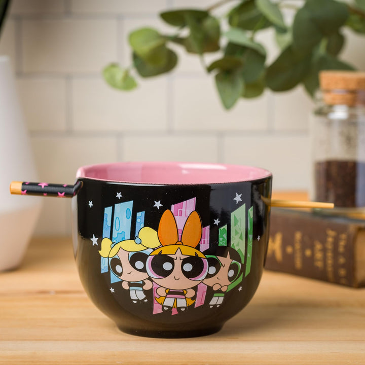 Silver Buffalo The Powerpuff Girls Featuring Blossom, Bubbles, and Buttercup Ceramic Ramen Noodle Rice Bowl with Chopsticks, Microwave Safe, 20 Ounces Multi Boxed Pattern