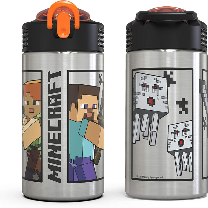 Zak Designs Minecraft - Stainless Steel Water Bottle with One Hand Operation Action Lid and Built-in Carrying Loop, with Straw Spout is Perfect for Kids (15.5 oz, 18/8, BPA-Free)