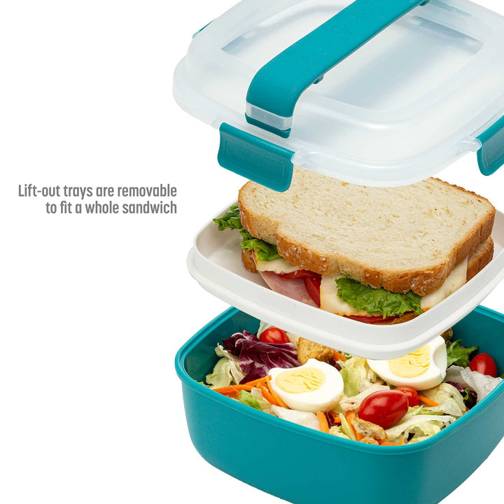 Goodful Stackable Lunch Box Container, Bento Style Food Storage with Removeable Compartments for Sandwich, Snacks, Toppings & Dressing, Leak-Proof and Made without BPA, 56-Ounce, Teal Adult Size