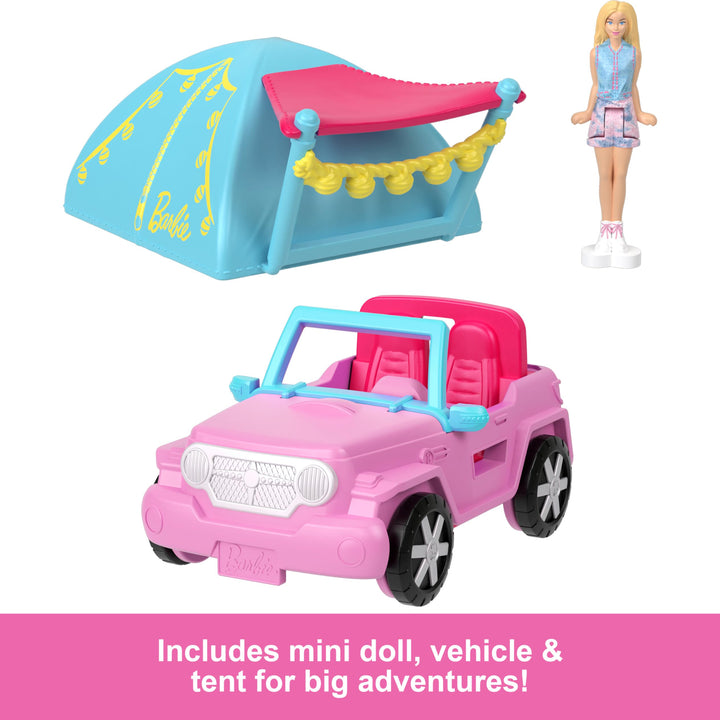 Barbie Mini BarbieLand Doll & Toy Vehicle Sets, 1.5-inch Doll & SUV with Color-Change Surprise & Tent Accessory Jeep