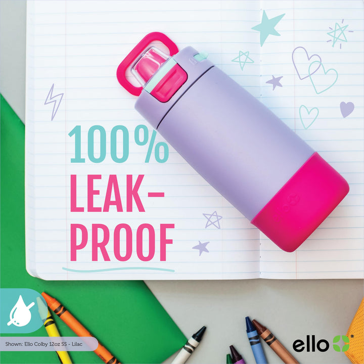 Ello Kids Colby 12oz Stainless Steel Insulated Water Bottle with Straw and Built-In Silicone Coaster Carrying Handle and Leak-Proof Locking Lid for School Backpack, Lunchbox, and Outdoor Sports Lilac/Pink