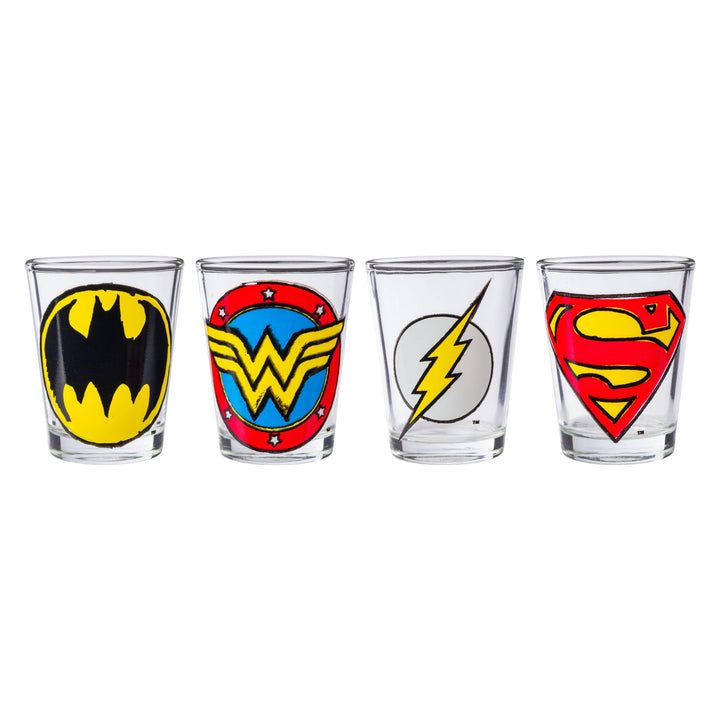 Silver Buffalo DC Comics Superhero Logos Mini Glasses 4 Pack Featuring Flash, Superman, Wonder Woman, and Batman, 1.5 Ounces Comics Sketch Logos