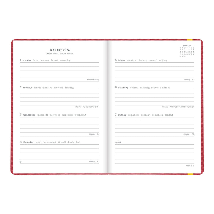 Letts of London Raw Weekly/Monthly Planner, 12 Months, January to December, 2024, Sewn Binding, A5 Size, 8.25" x 5.875", Multilingual, Berry (C082310-24)