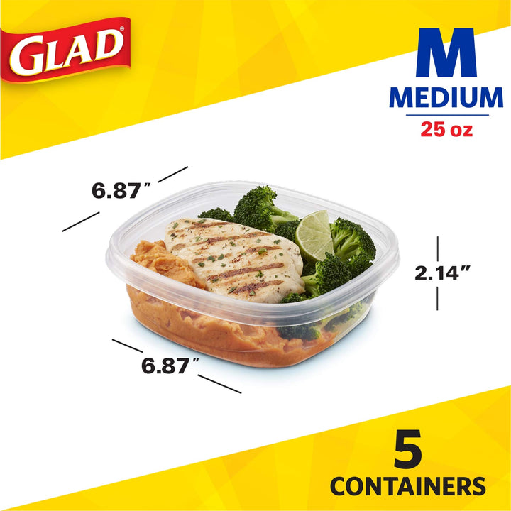 Glad GladWare Entrée Food Storage Containers Lock Tight Seal | BPA Free | Medium Square Plastic Containers Hold Up to 25 Ounces of Food, 5 Count - 2 Pack 25 oz - 10 Count