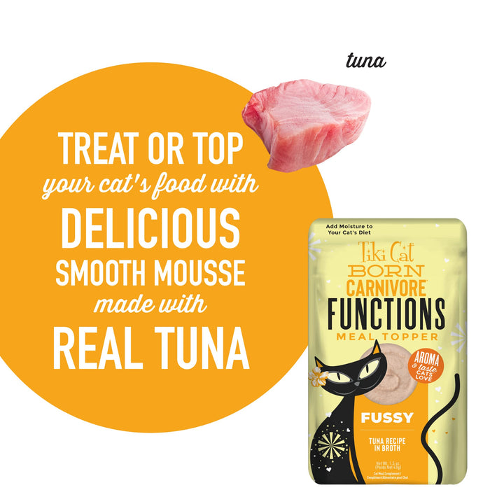 Tiki Cat Born Carnivore Functions Fussy, Tuna Recipe in Broth, Highly Palatable Formulated for Picky Eaters, Mousse Cat Food Topper, 1.5 oz. Pouch (12 Count)