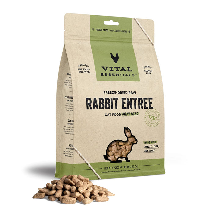 Vital Essentials Freeze Dried Raw Cat Food, Rabbit Mini Nibs Entree, 12 oz