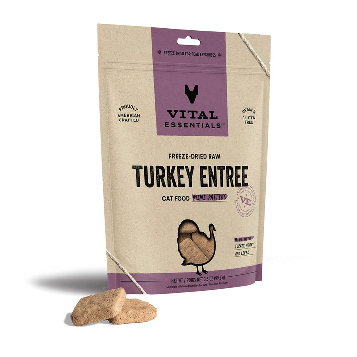 Vital Essentials Freeze Dried Raw Cat Food, Turkey Mini Patties Entree, 3.5 oz
