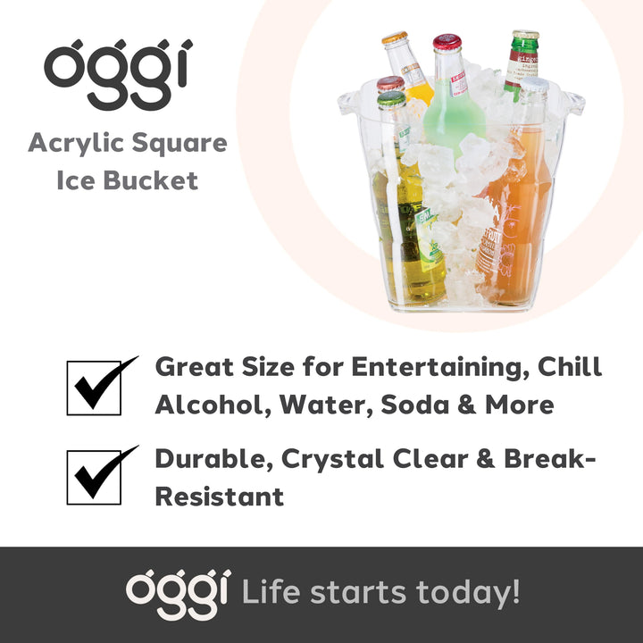 OGGI Acrylic Square Ice Bucket - Clear Beverage Cooler w/Handles, Wine Cooler, Beer Chiller, Ideal Drink Buckets for Parties, Use Ice Tub for Indoor or Outdoor Bars, 8˝ x 8˝ Square Ice Tub 8-Inch by 8-Inch