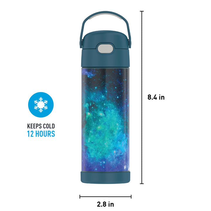 THERMOS FUNTAINER 16 Ounce Stainless Steel Vacuum Insulated Bottle with Wide Spout Lid, Galaxy Teal