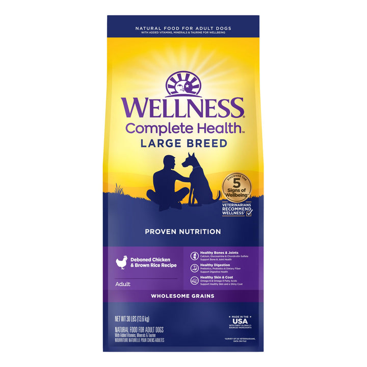 Wellness Complete Health Large Breed Adult Dry Dog Food, No Corn or Wheat, Made in USA with Real Meat, Natural Ingredients, Glucosamine, Probiotics & Omega Fatty Acids (30-Pound Bag) Chicken Large Breed 30 Pound (Pack of 1)