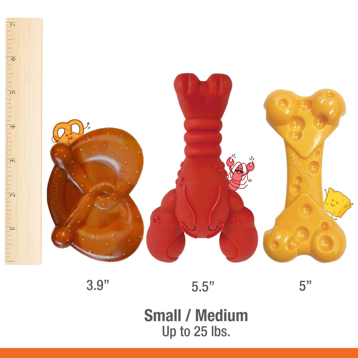 NYLABONE Power Chew Dog Toy Pack - Cute Dog Toys for Aggressive Chewers - with a Funny Twist! Tough Dog Toys - Durable Dog Toys - Lobster, Cheese, and Pretzel Shapes, Small/Regular (3 Count)