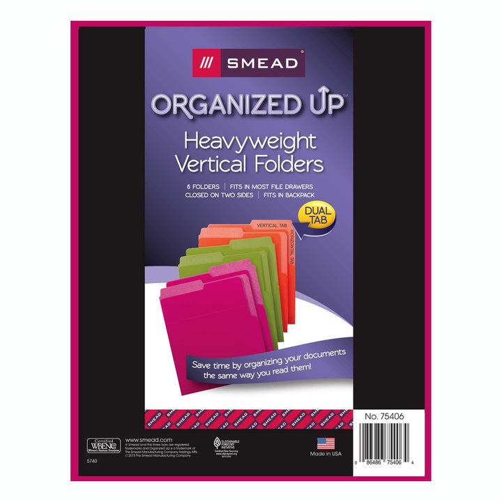 Smead Organized Up Heavyweight Vertical File Folders, Dual Tabs, Letter Size, Bright Tones, 6 per Pack (75406) 6 Count (Pack of 1)