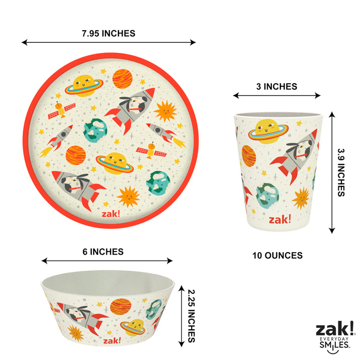 Zak Designs Kids Dinnerware Set 3 Pieces, Durable and Sustainable Melamine Bamboo Plate, Bowl, and Tumbler are Perfect For Dinner Time With Family (Spaceships)