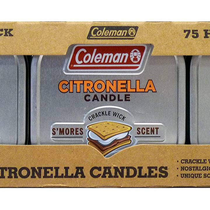 Coleman Scented Tin Citronella Candle - 3 Pack, S'Mores, Pine and Campfire Variety Pack 3 Pack - 6 oz tins