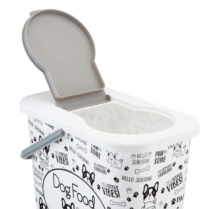 3 Gallon Pet Dry Food Container with Scooper | Dog Food Organizer | Helps Organize Pantry and Cabinets | Dog & Puppy Print Design | Carrying Handle | Flip Top Lid,White