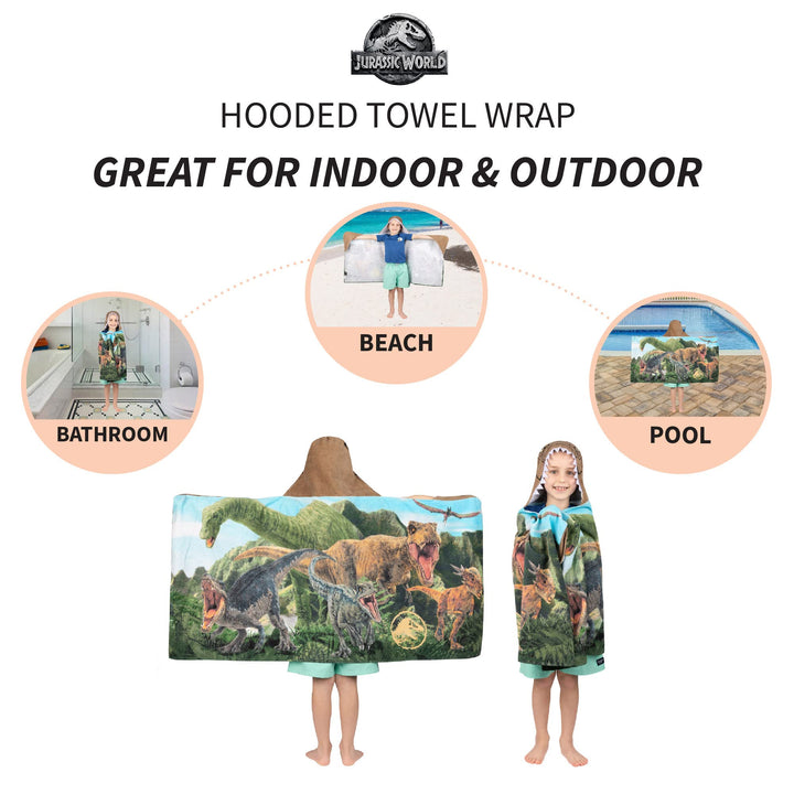 Jurassic World Dominion Soft Bath/Pool/Beach Cotton Terry Hooded Towel Wrap, 24 Inches x 50 Inches, By Franco Kids 24 in x 50 in Jurassic World Dominion