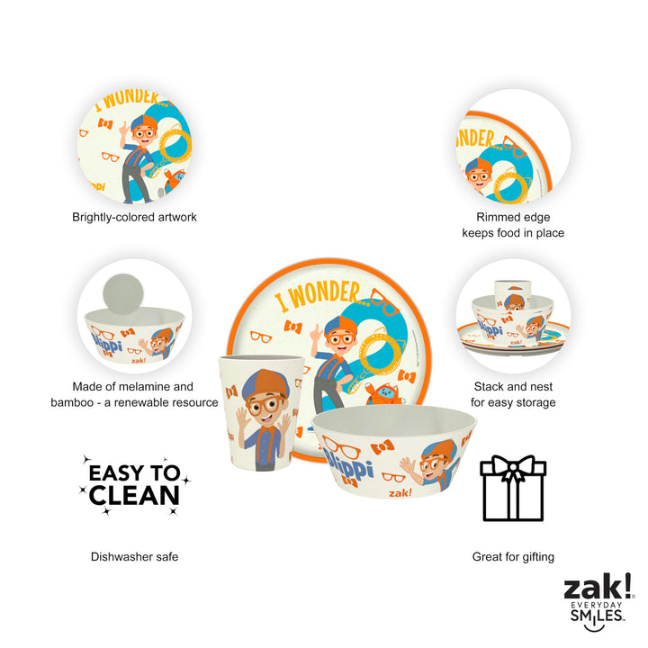 Zak Designs Blippi Kids Dinnerware Set 3 Pieces, Durable and Sustainable Melamine Bamboo Plate, Bowl, and Tumbler are Perfect For Dinner Time With Family (Blippi, TABBS) 8" Plate, 6" Bowl, 10oz Tumbler