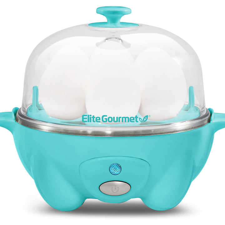 Elite Gourmet EGC-007T# Rapid Egg Cooker, 7 Easy-To-Peel, Hard, Medium, Soft Boiled Eggs, Poacher, Omelet Maker, Auto Shut-Off, Alarm, 16-Recipe Booklet, Teal 7 Egg Blue