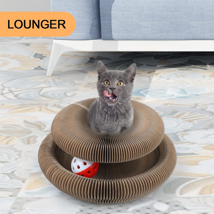 FluffyDream Magic Organ Cat Scratching Board, Interactive Scratch Pad with a Ball, Cat Scratcher for Grinding Claw, Recyclable and Durable, Furniture Protector, Retractable, Brown, Reversible