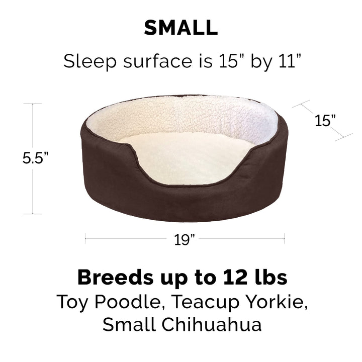 Furhaven Orthopedic Dog Bed for Small Dogs w/ Removable Washable Cover, For Dogs Up to 12 lbs - Sherpa & Suede Oval Lounger - Espresso, Small Oval (Orthopedic Base) 19.0"L x 15.0"W x 5.5"Th Sherpa & Suede Espresso