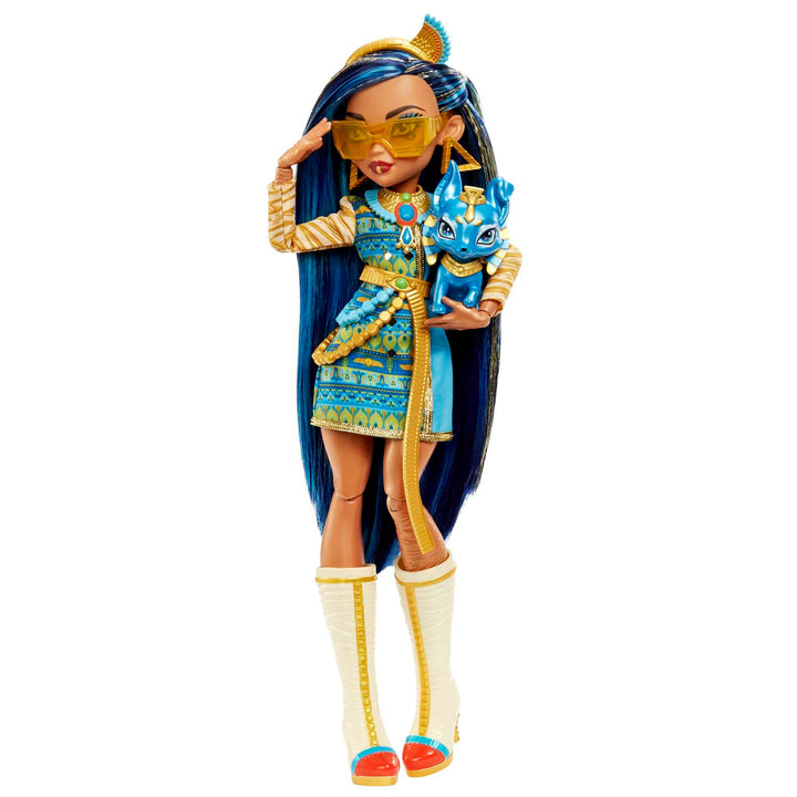 Monster High Doll, Cleo De Nile with Blue Streaked Hair in Signature Look with Fashion Accessories & Pet Dog Tut Multicolor