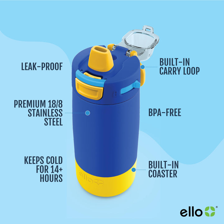 Ello Kids Colby 12oz Stainless Steel Insulated Water Bottle with Straw and Built-In Silicone Coaster Carrying Handle and Leak-Proof Locking Lid for School Backpack, Lunchbox, and Outdoor Sports, Blue