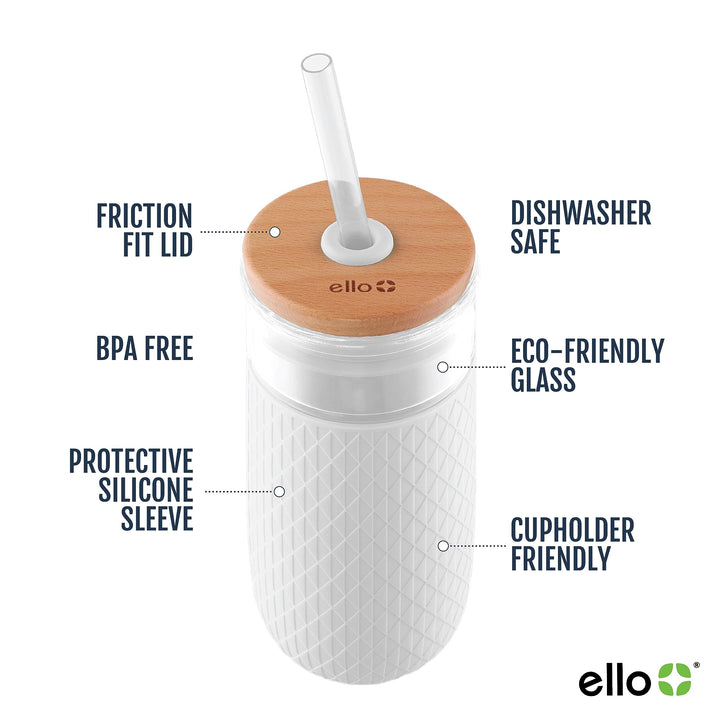 Ello Devon Glass Tumbler with Splash Proof Wooden Lid and Straw, Protective No Sweat Silicone Sleeve, Perfect for Smoothies and Iced Coffee, BPA Free, Dishwasher Safe, White, 18oz