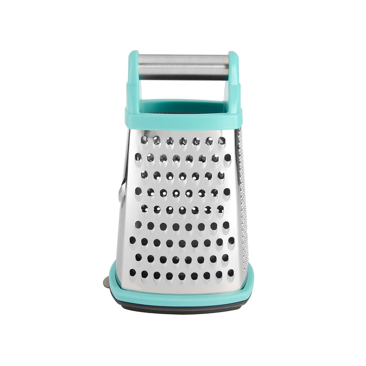 KitchenAid Gourmet 4-Sided Stainless Steel Box Grater for Fine, Medium and Coarse Grate, and Slicing, Detachable 3 Cup Storage Container and Measurment Markings, Dishwasher Safe, 10 inches tall, Aqua Aqua Sky 10 Inch