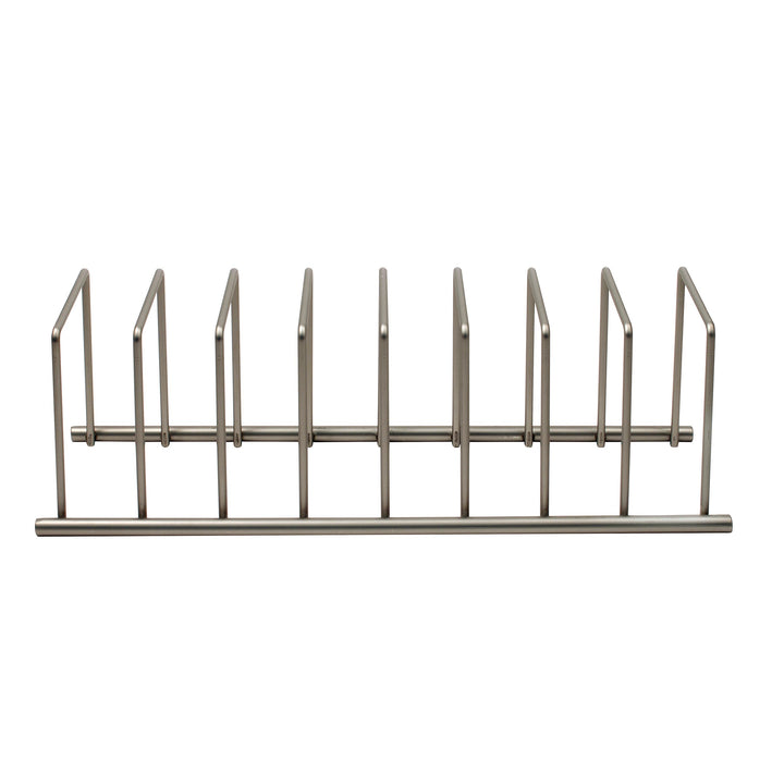 Spectrum Diversified Euro Kitchen Organizer for Plates, Cutting Boards, Bakeware Cooling Racks, Pots & Pans, Serving Trays, Reusable Containers, and Lids, Satin Nickel 13.5" x 4.5" x 4.25"